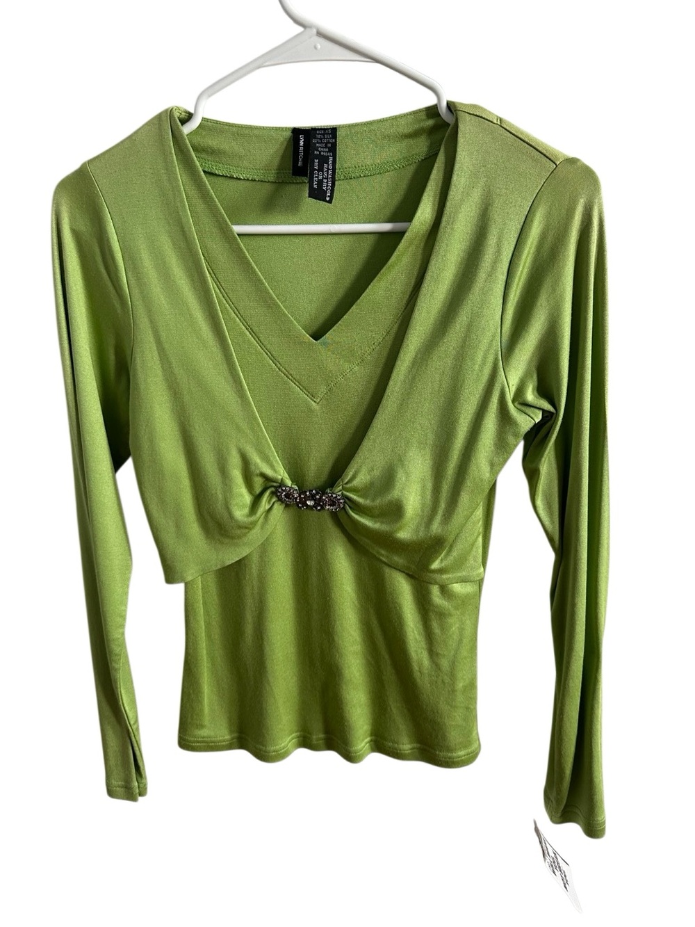 Green Long Sleeve V-Neck Top with Decorative Rhinestone Accent